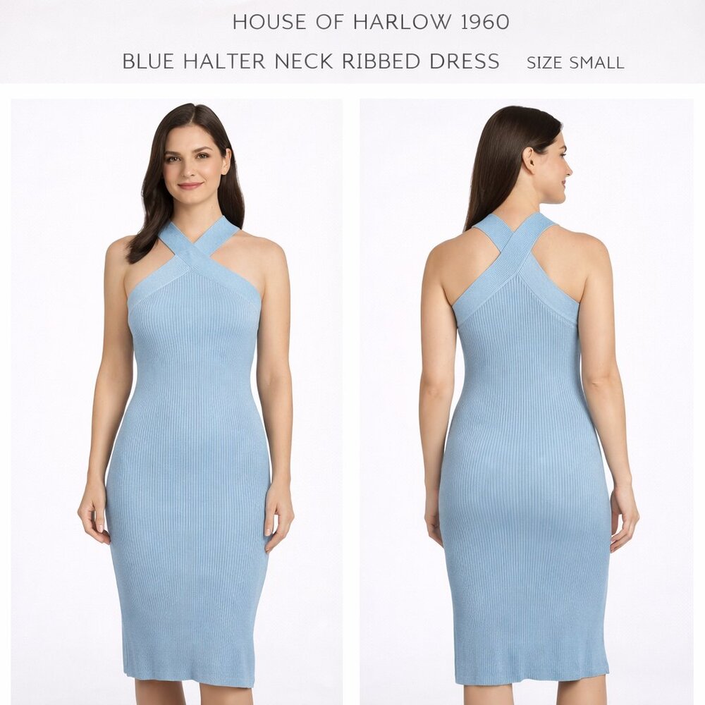 House of Harlow 1960 Blue Halter Neck Ribbed Dress – Size Small